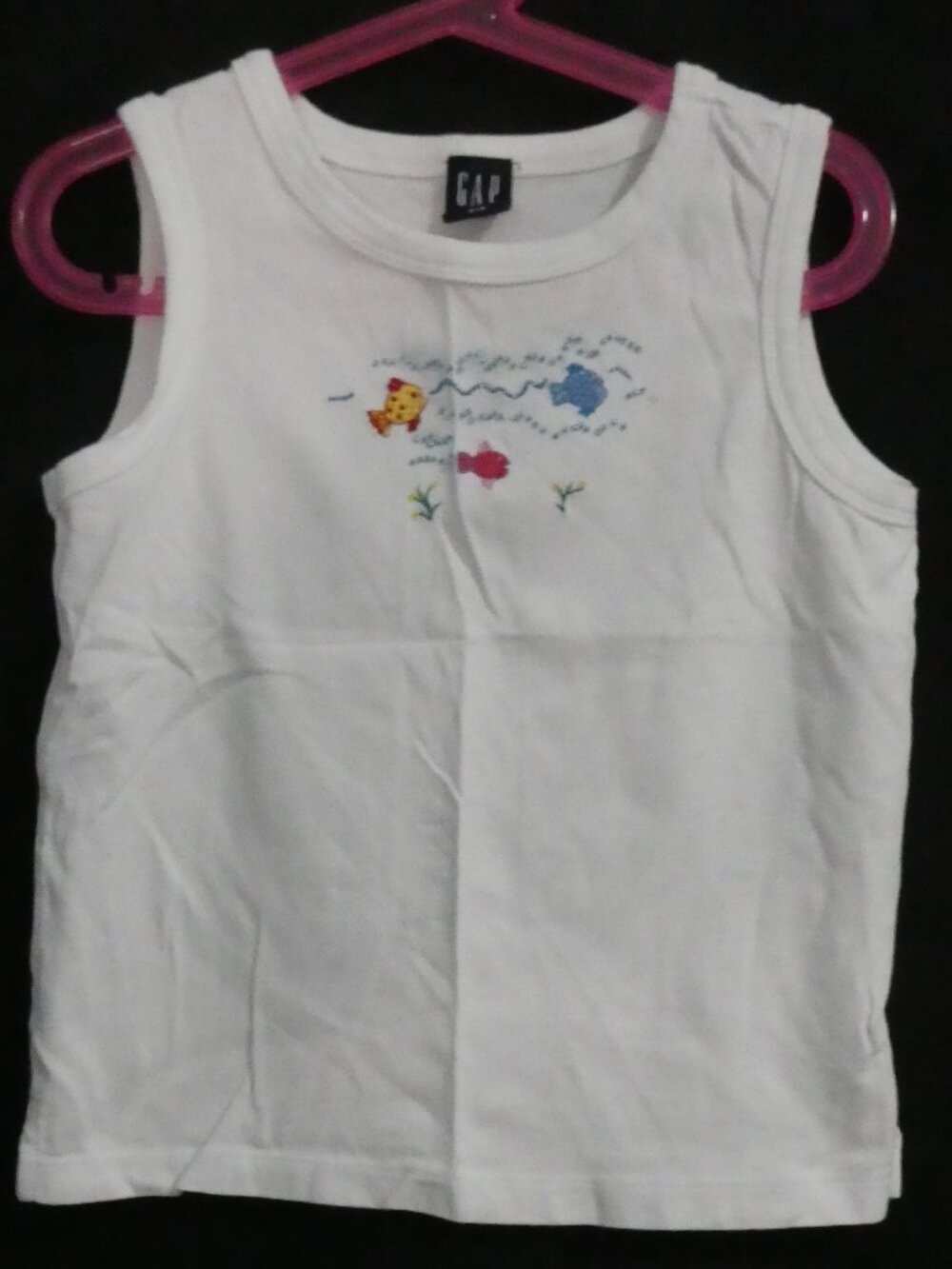 Y2K GAP KIDS Embroidered Fish Cotton Tank Top White - Size Small